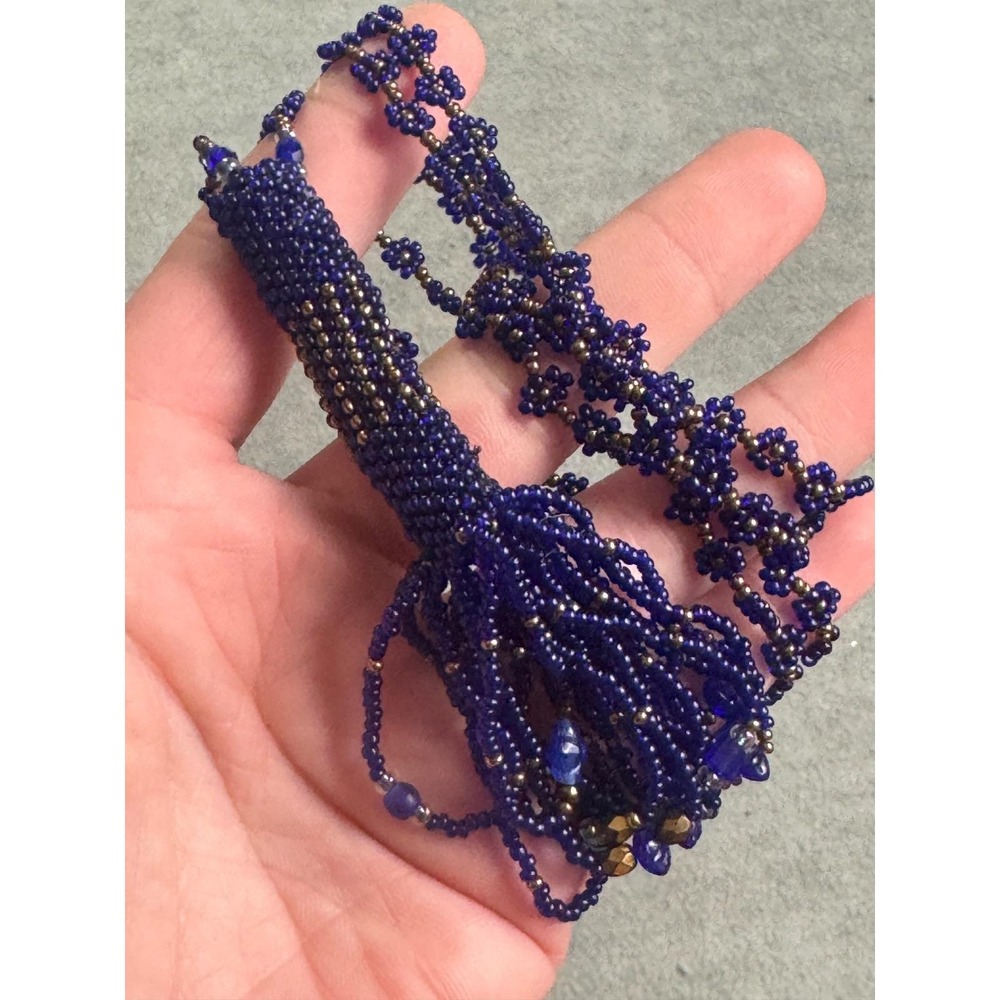 Vintage Cobalt Blue Hand Beaded Tassel Lariat Necklace Boho Seed Bead 38 Inch